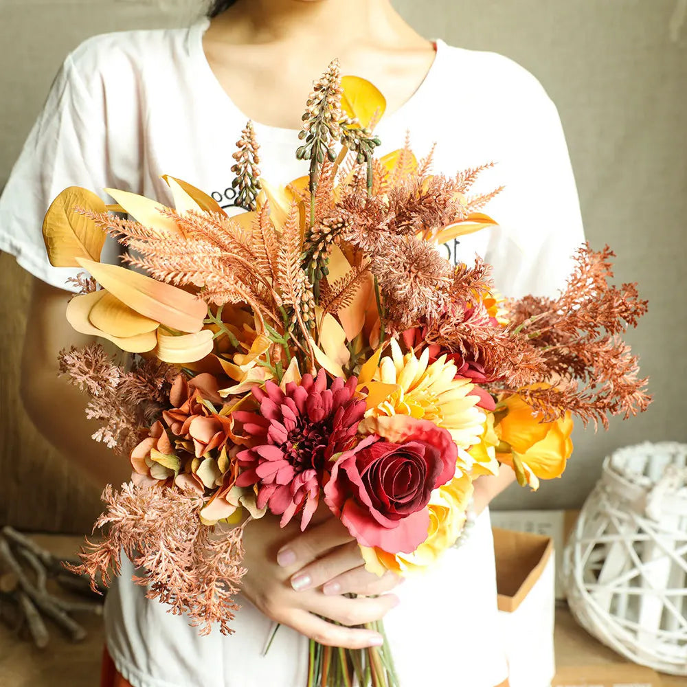 Autumn Bouquet Silk Rose & Maple Leaves - Fall Decor