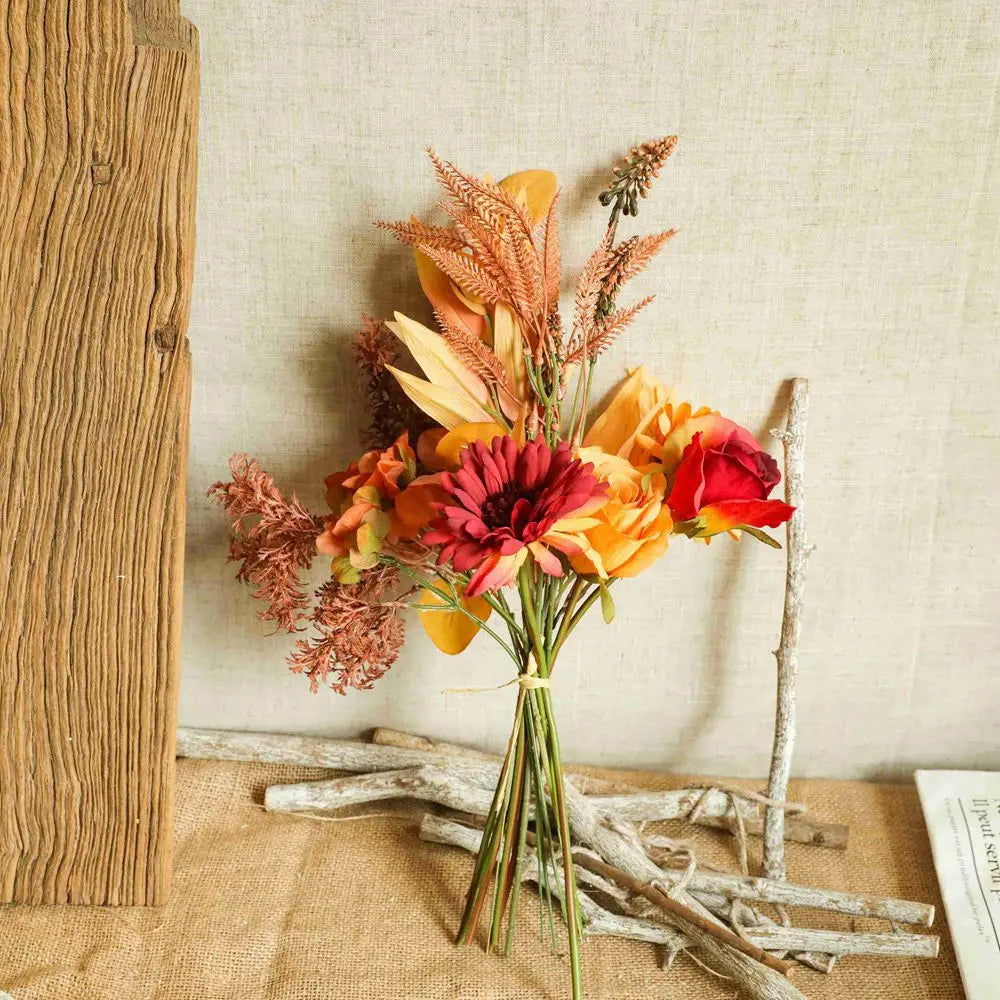Autumn Bouquet Silk Rose & Maple Leaves - Fall Decor