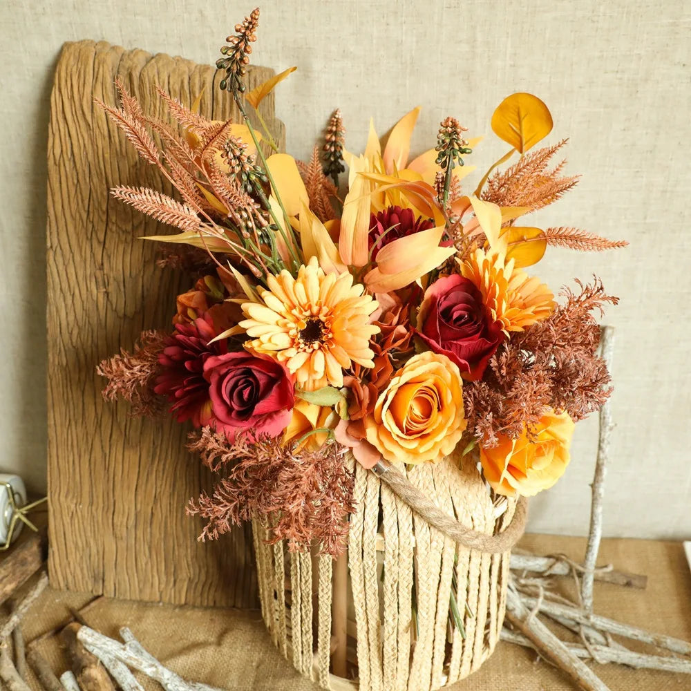 Autumn Bouquet Silk Rose & Maple Leaves - Fall Decor