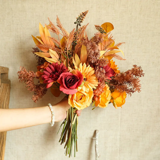 Autumn Bouquet Silk Rose & Maple Leaves - Fall Decor