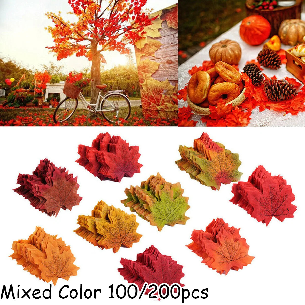 Artificial Autumn Maple Leaves - 100/200 Pieces Mixed Colors