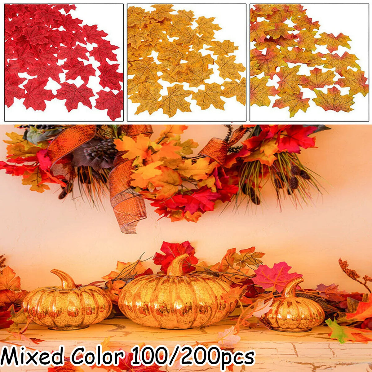 Artificial Autumn Maple Leaves - 100/200 Pieces Mixed Colors